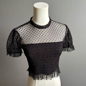 Forever 21 Smocked Cropped Mesh Top With Puff Sleeves And Polka Dot Tulle